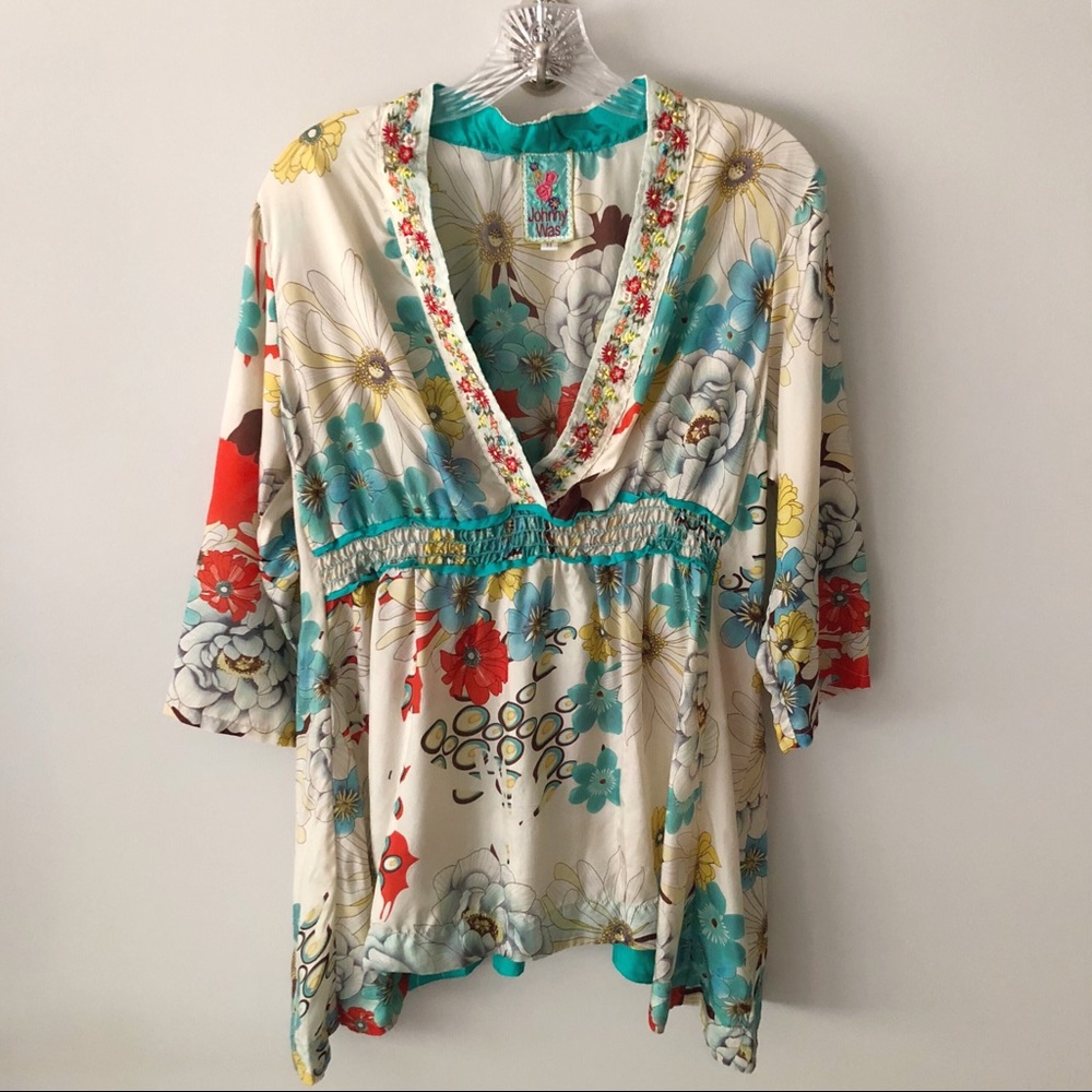 Johnny Was Silk V Neck Embroidered Blouse M